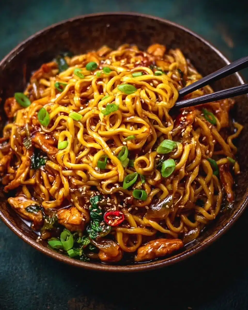 Delicious sticky garlic chicken noodles garnished with herbs