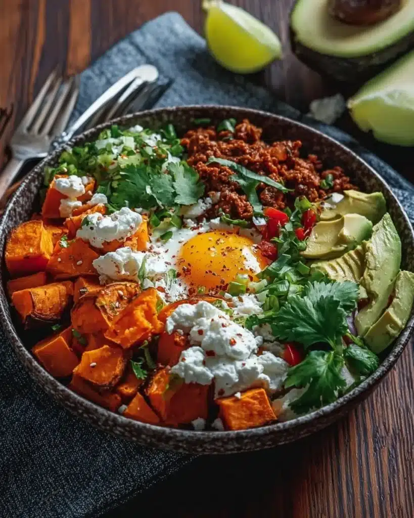 Colorful sweet potato taco bowl topped with avocado and fresh vegetables.