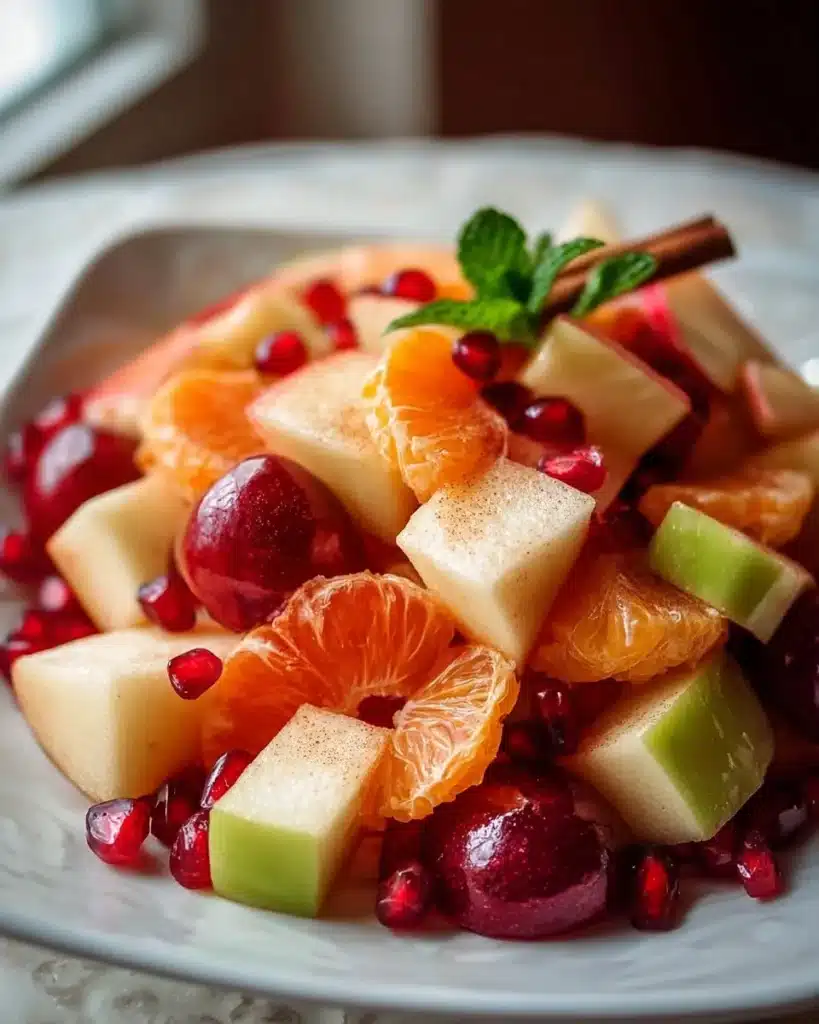 Sweet winter fruit salad with cinnamon vanilla dressing in a bowl.