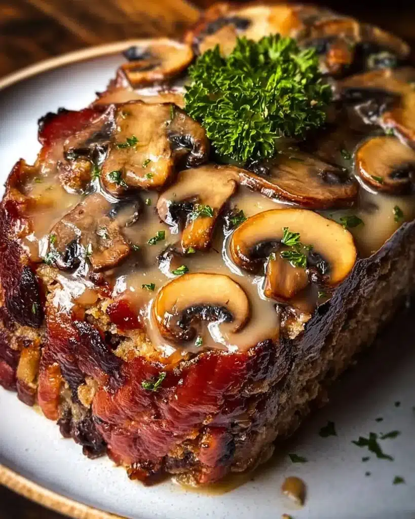 Delicious Swiss Bacon Mushroom Meatloaf served on a plate
