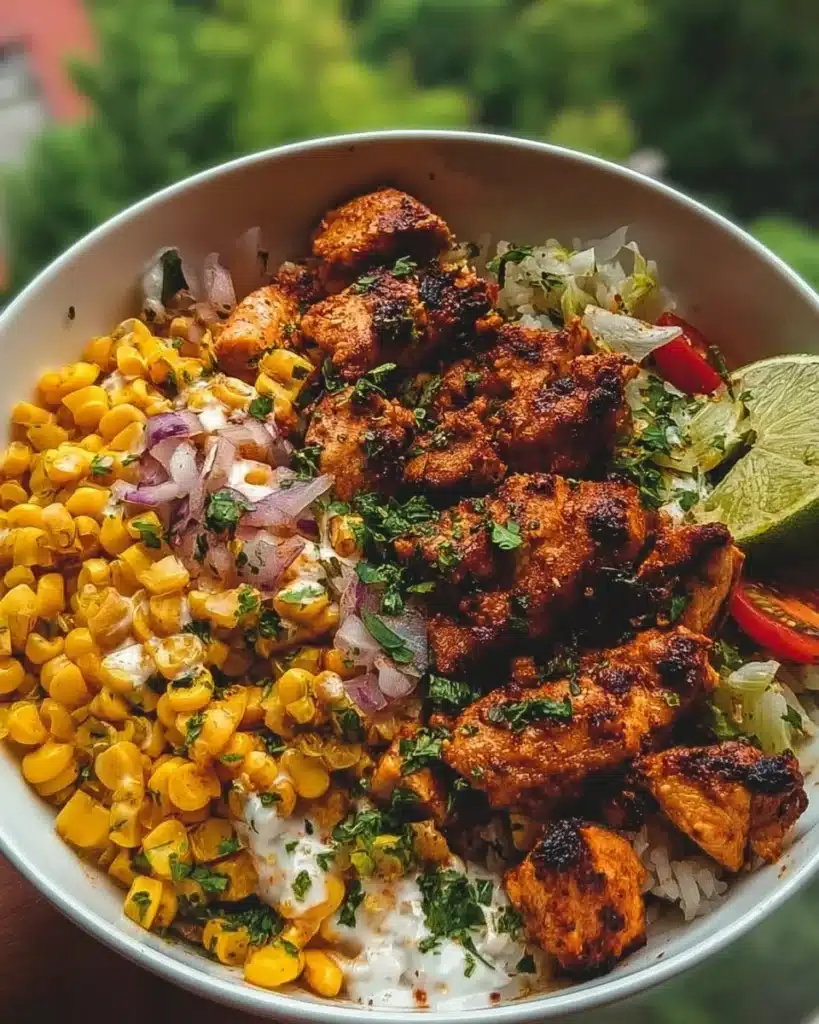 Delicious street corn chicken bowl with grilled chicken and vibrant toppings