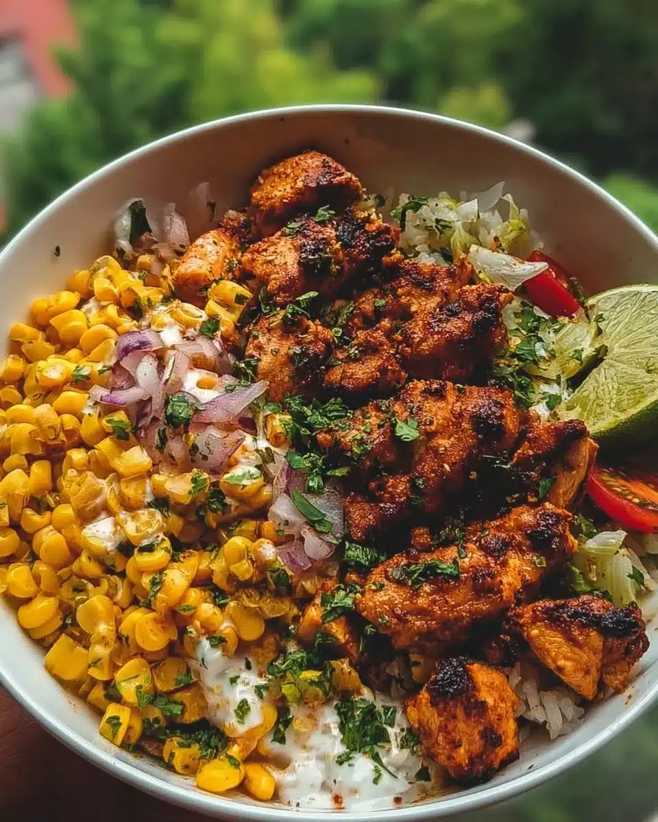 Delicious street corn chicken bowl with grilled chicken and vibrant toppings