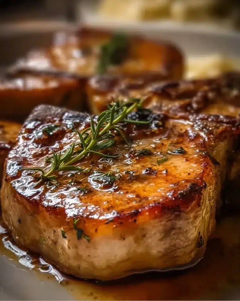 Juicy and tender pork chops garnished with herbs on a plate