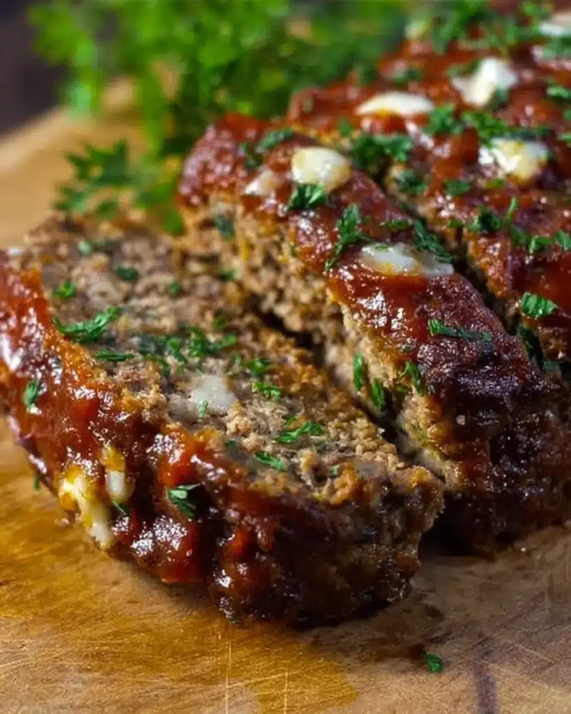 Delicious and easy meatloaf recipe served on a plate with a side of vegetables