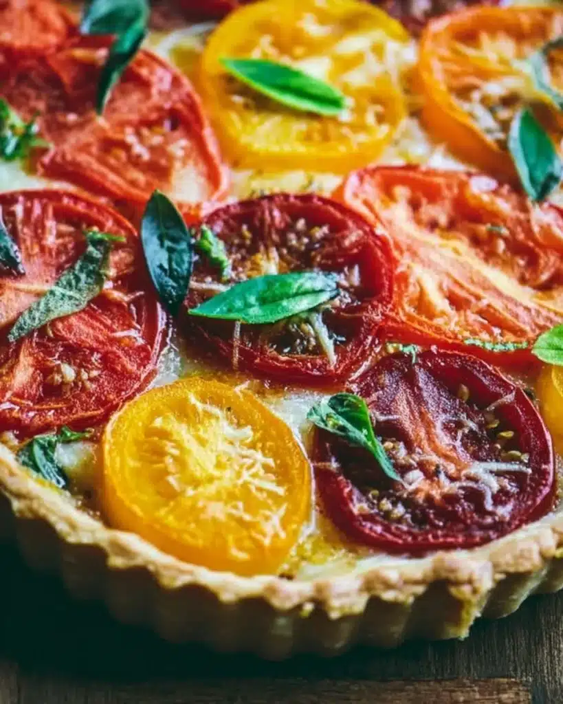 Delicious homemade tomato tart with fresh tomatoes and herbs