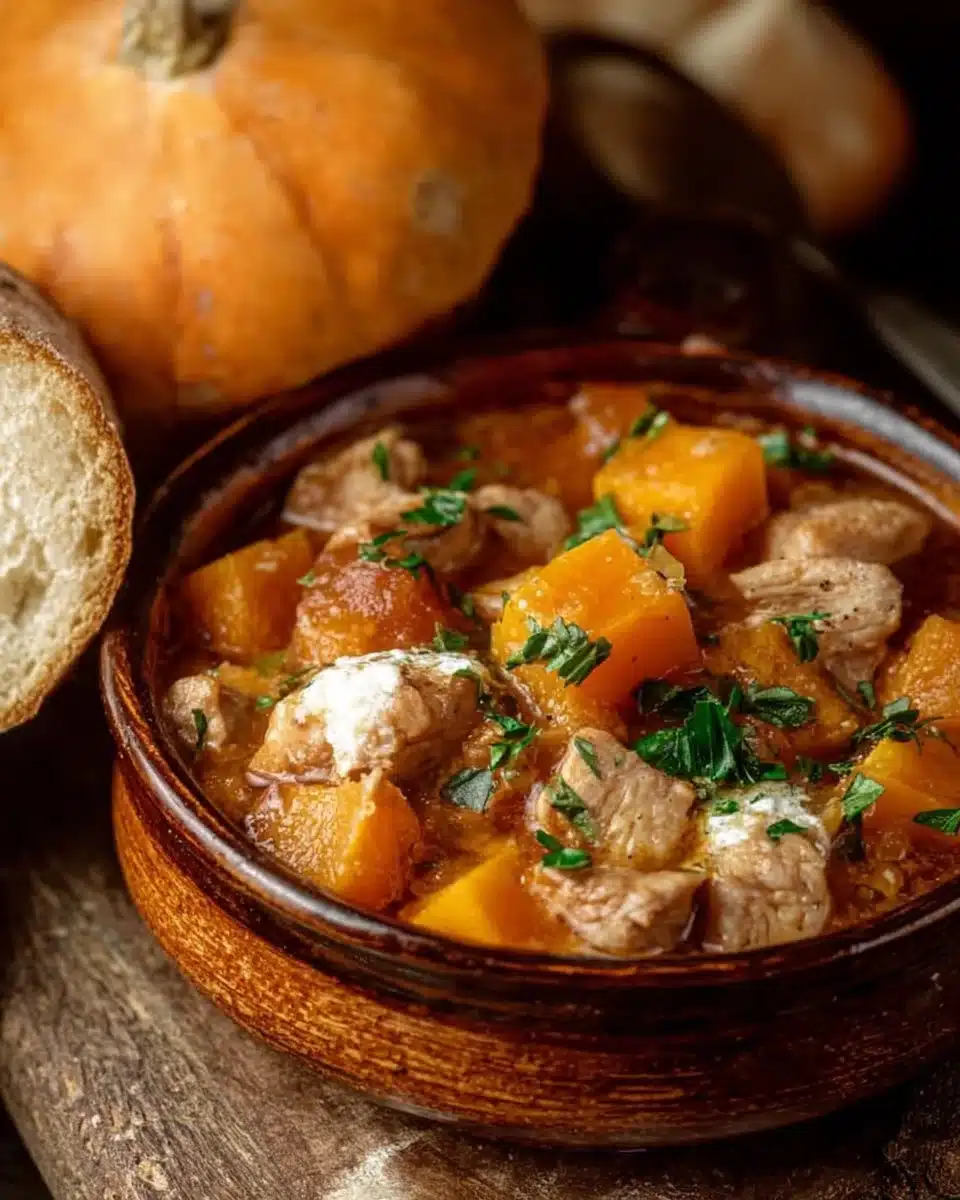 Delicious turkey pumpkin stew served in a bowl with fresh herbs