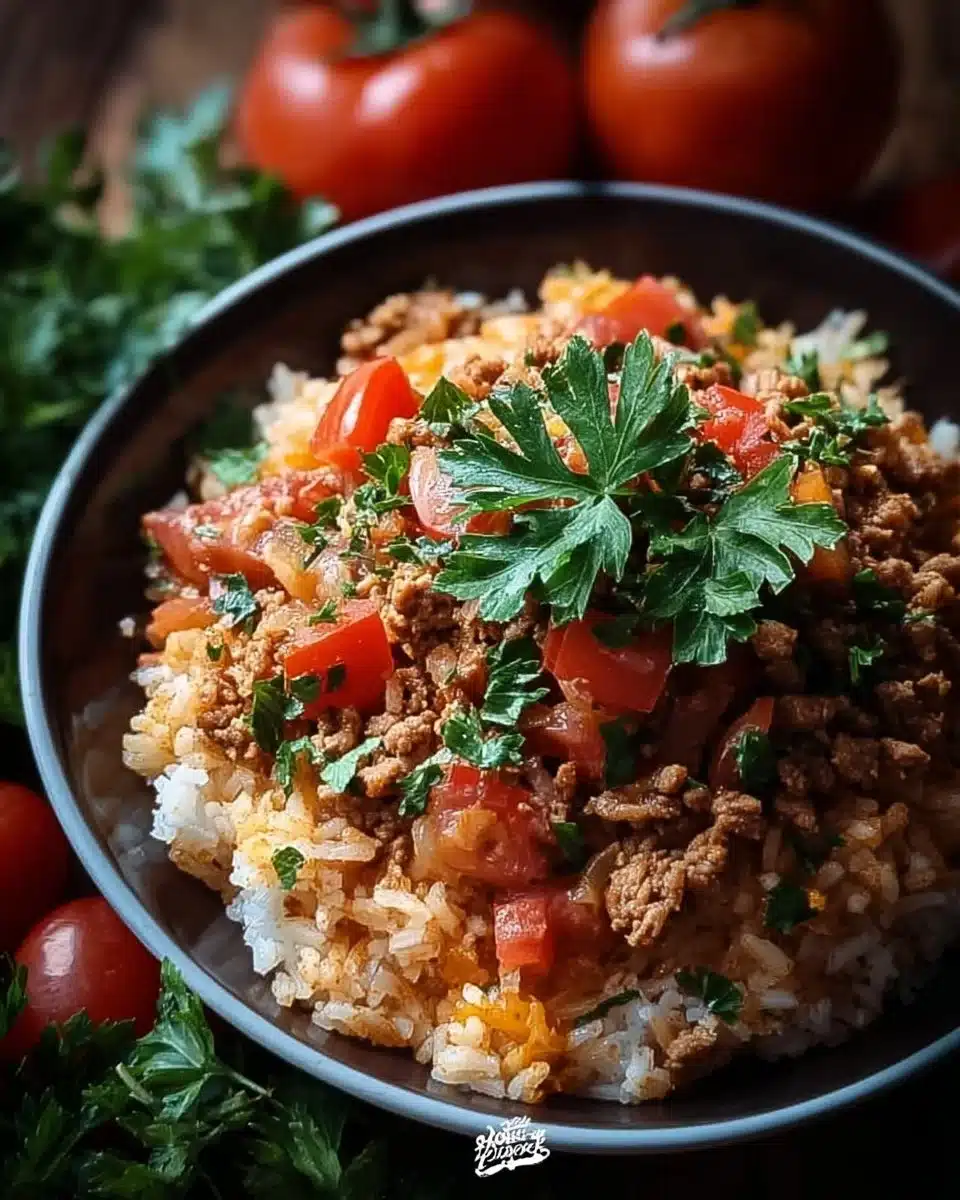 Turkey Rice Bowl with tomatoes, nutritious and delicious meal option.