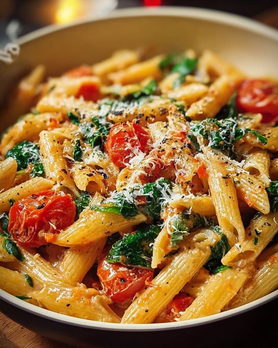 Creamy One-Pot Penne Pasta with Spinach and Tomatoes