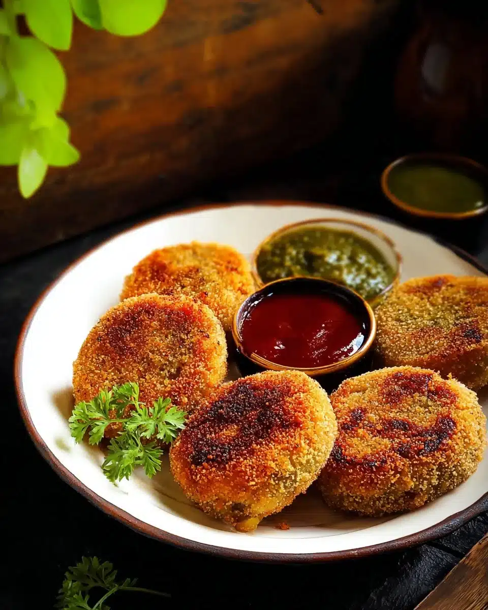 Homemade vegetable cutlets served on a plate with dipping sauce