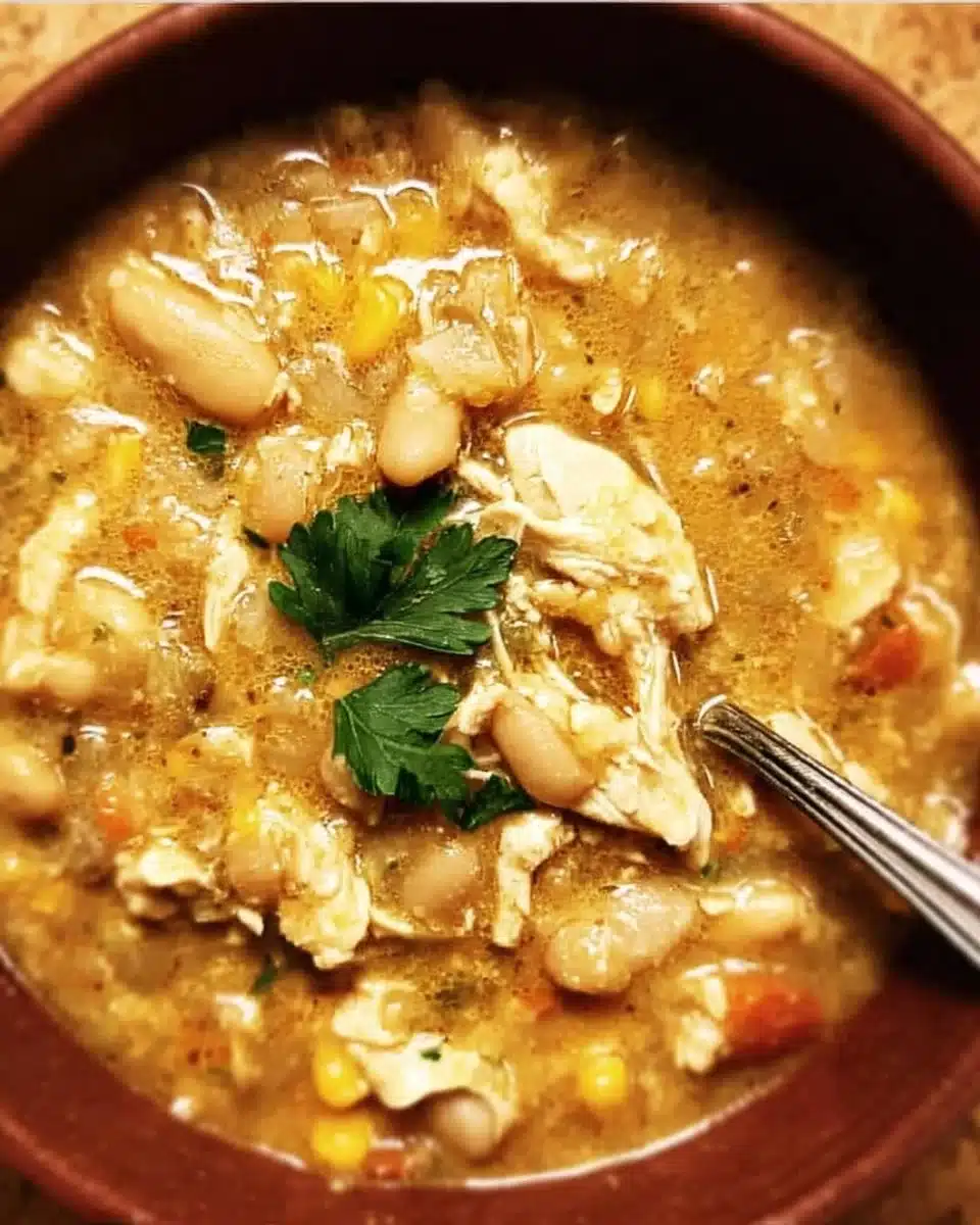 Delicious bowl of white chicken chili topped with cilantro and cheese