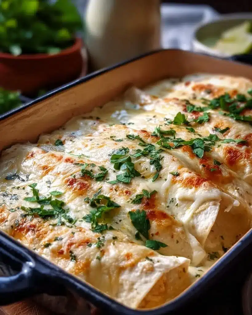 Delicious plate of white chicken enchiladas topped with creamy sauce and cheese