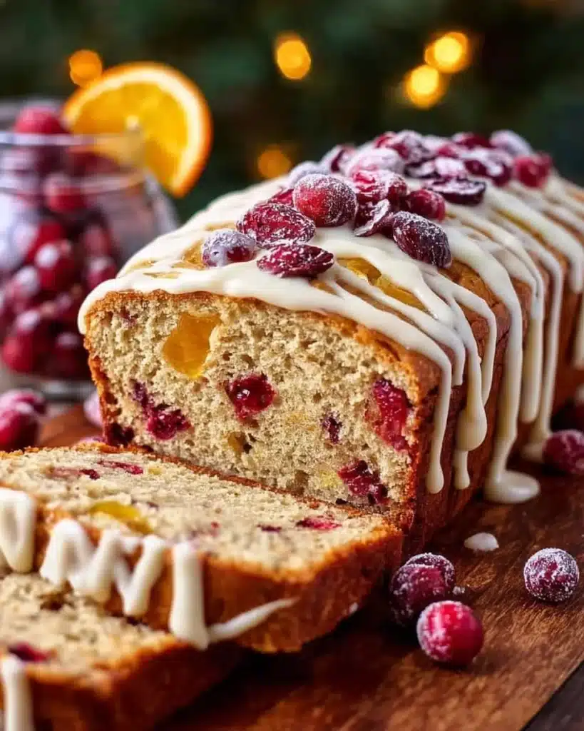 Sliced white chocolate glazed cranberry Christmas eggnog bread on a festive table