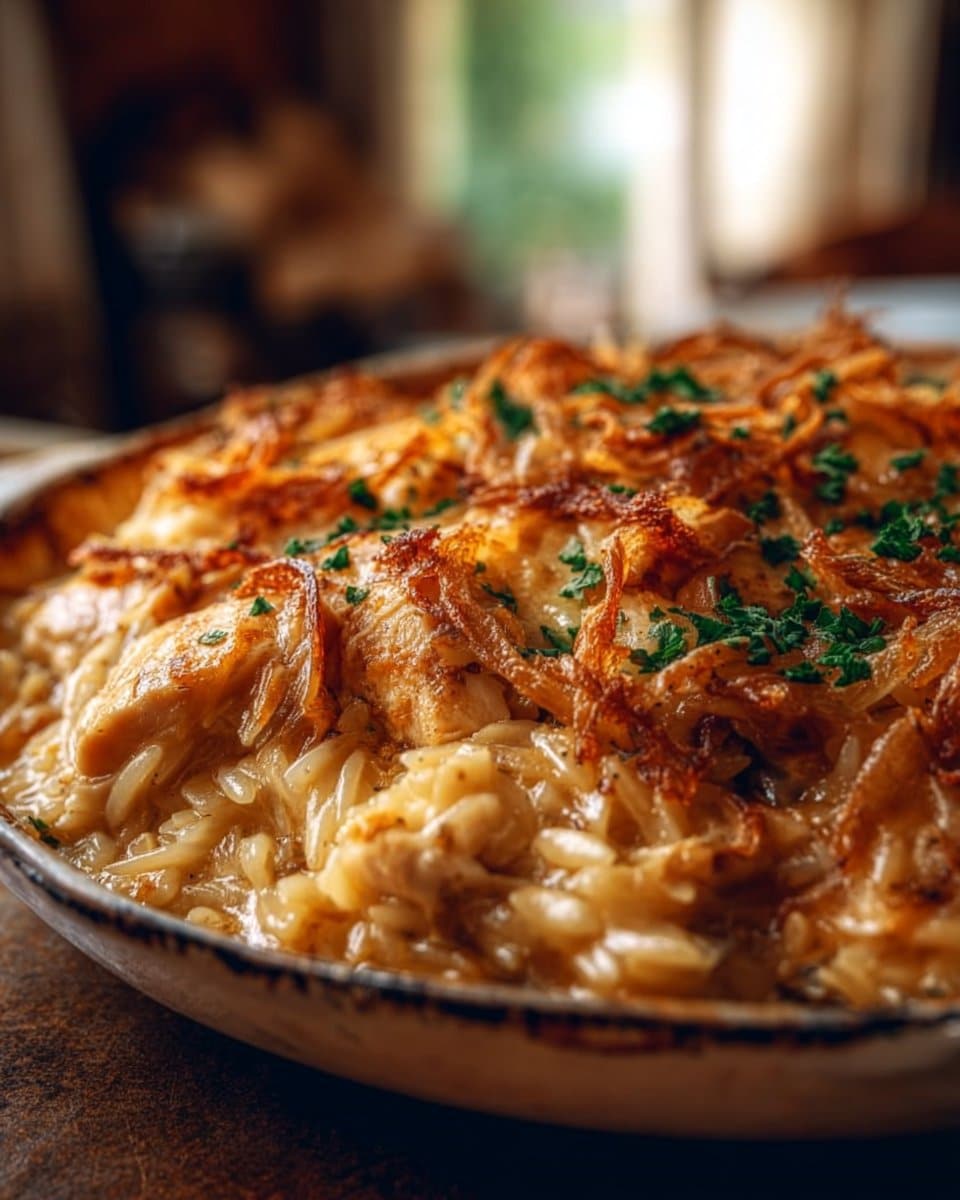 French Onion Chicken Orzo Casserole