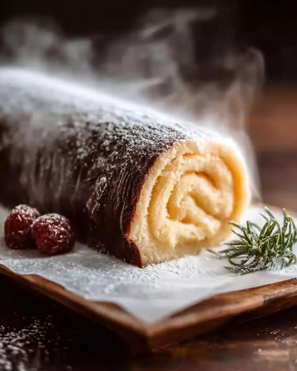 A beautifully decorated Yule Log cake for festive holiday celebrations.