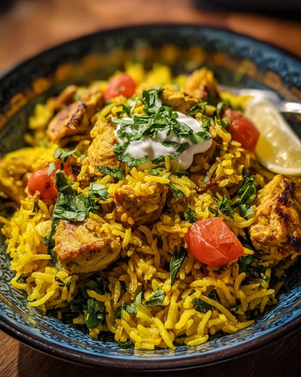 Bowl of turmeric chicken and rice garnished with herbs for an anti-inflammatory meal