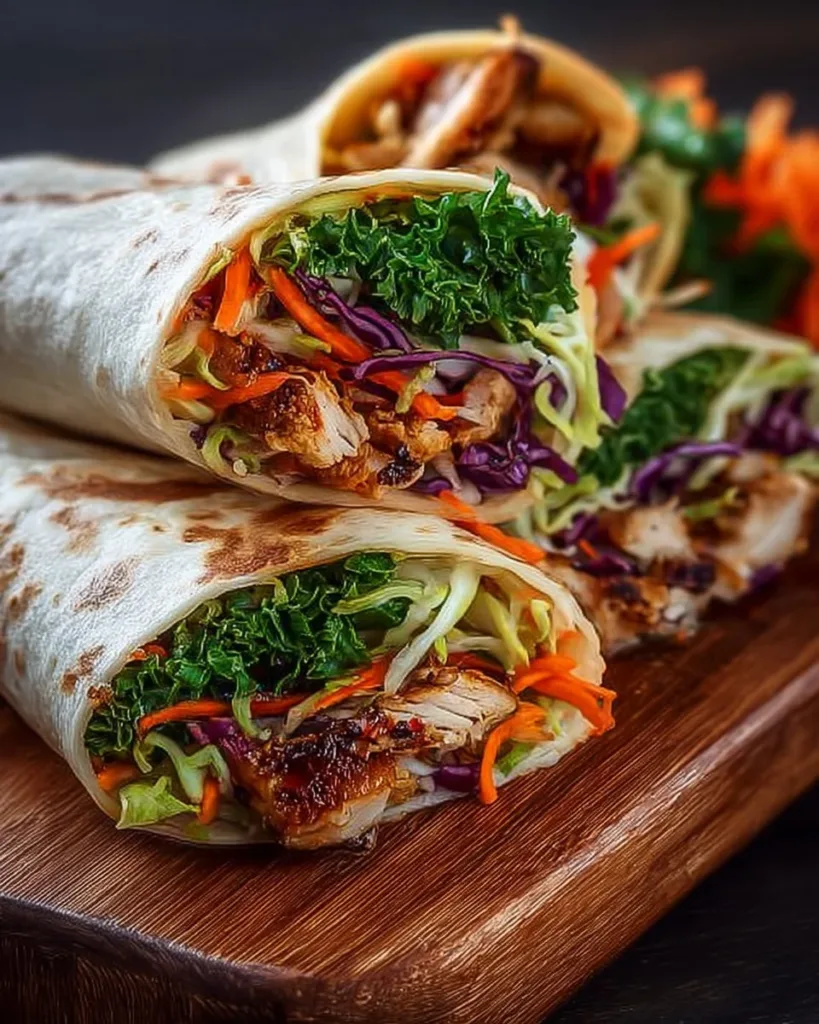 Asian chicken wraps with fresh vegetables and flavorful sauce served on a plate.