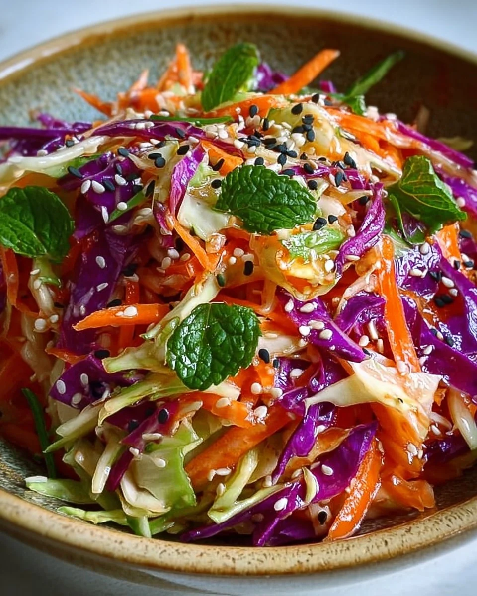 Colorful Asian slaw topped with sesame ginger dressing in a bowl