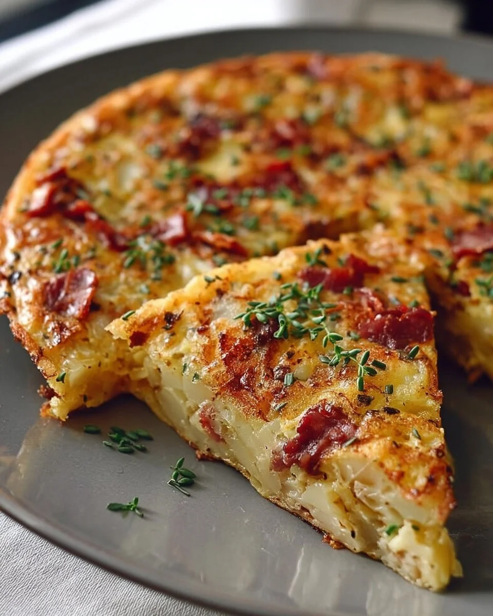 Delicious Bacon Potato Frittata topped with fresh herbs on a plate.