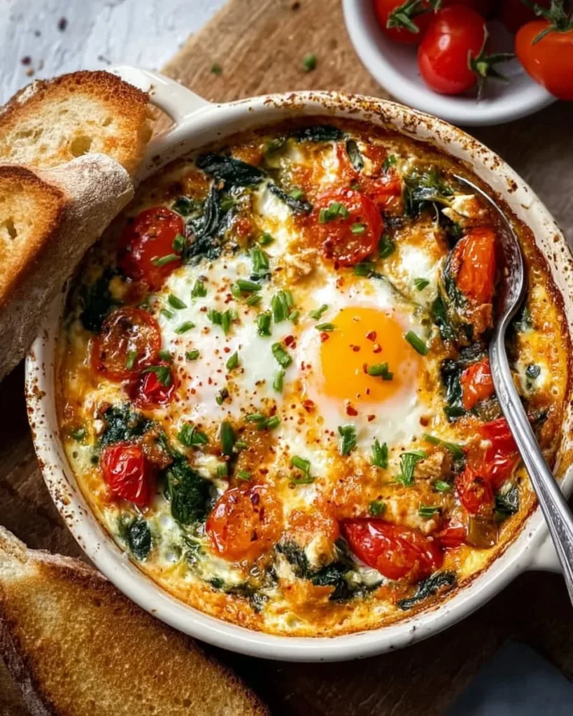 Baked feta eggs with tomatoes and spinach in a cast iron skillet