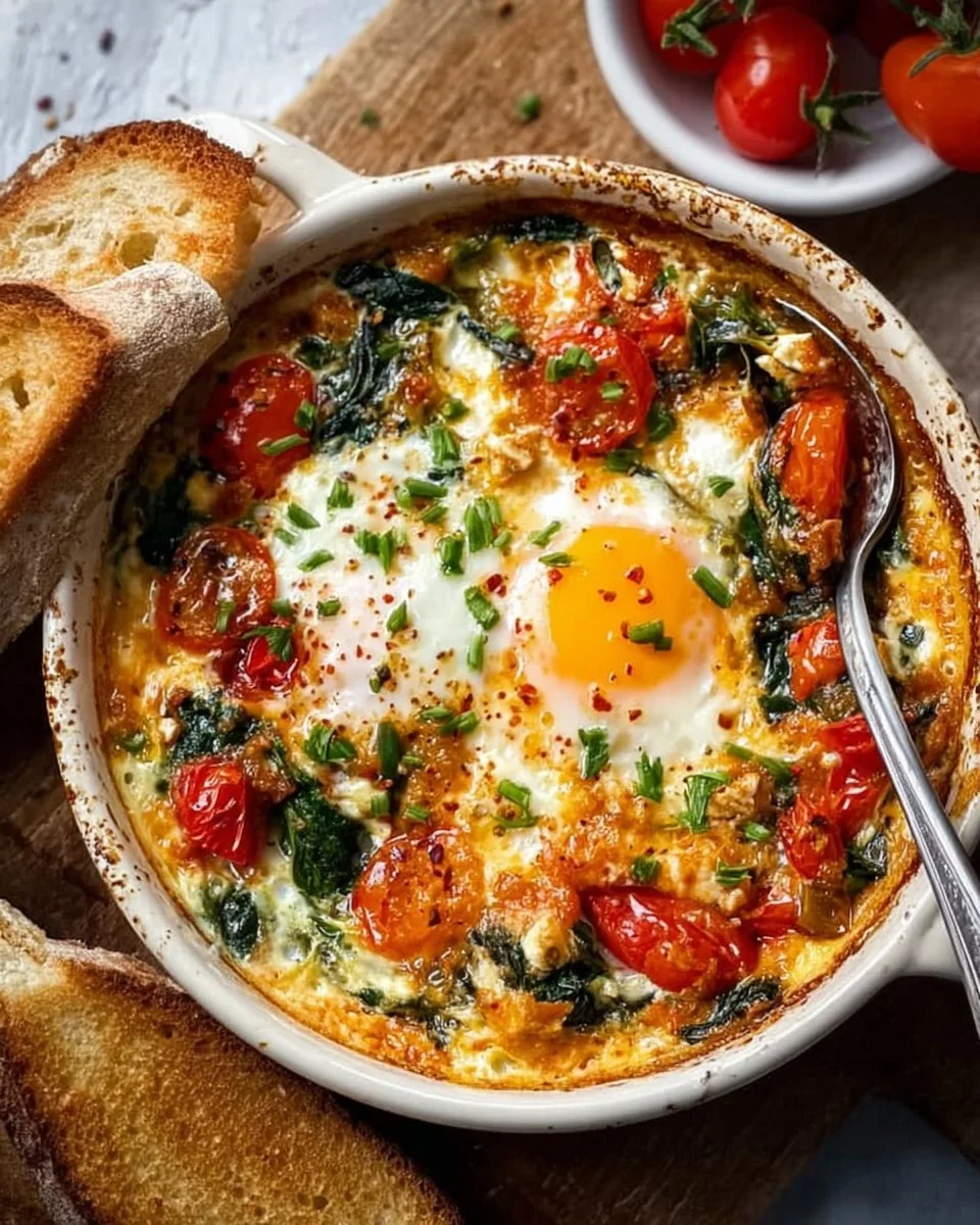 Baked feta eggs with tomatoes and spinach in a cast iron skillet