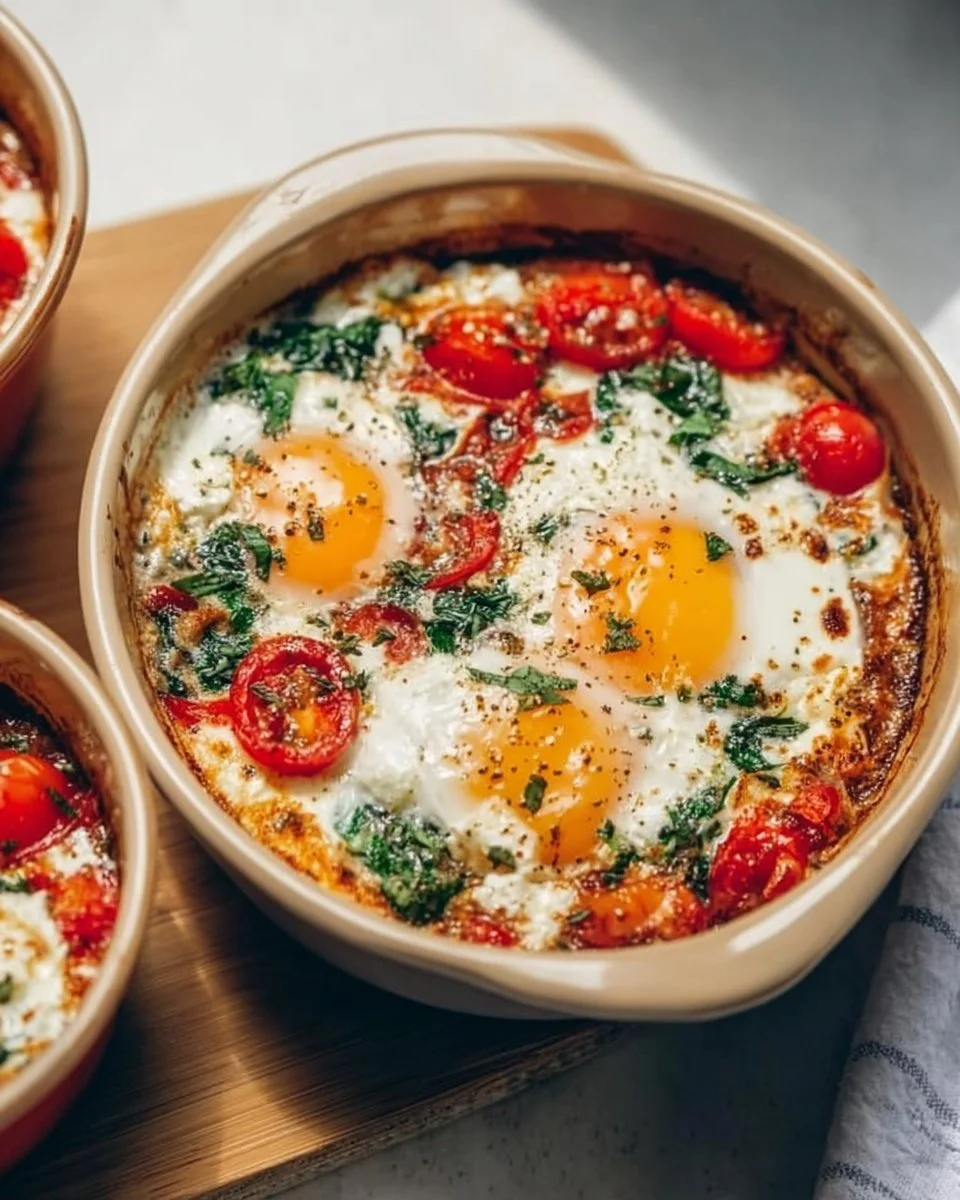 Baked Feta Eggs with Tomatoes and Spinach