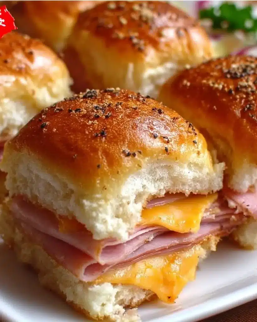 Baked ham and cheese sliders on a serving platter, perfect for snacks or parties.
