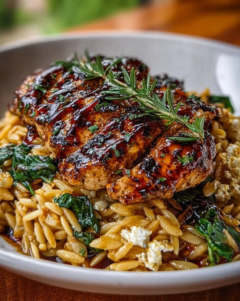 Balsamic Chicken Orzo served in a bowl with herbs and vegetables