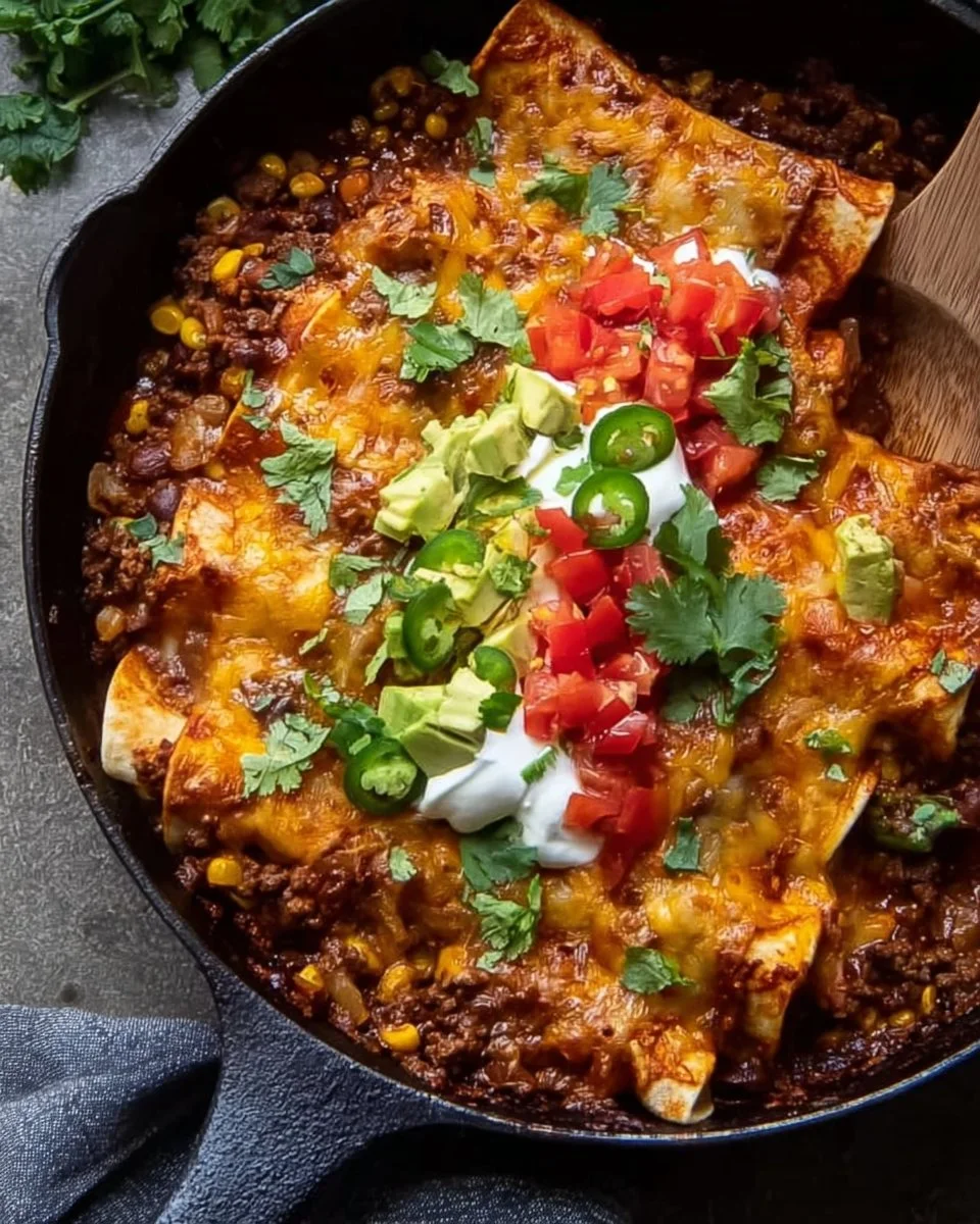 Beef skillet enchiladas topped with cheese and garnished with cilantro