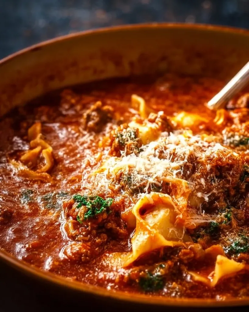 Bowl of One-Pot Lasagna Soup garnished with herbs and cheese
