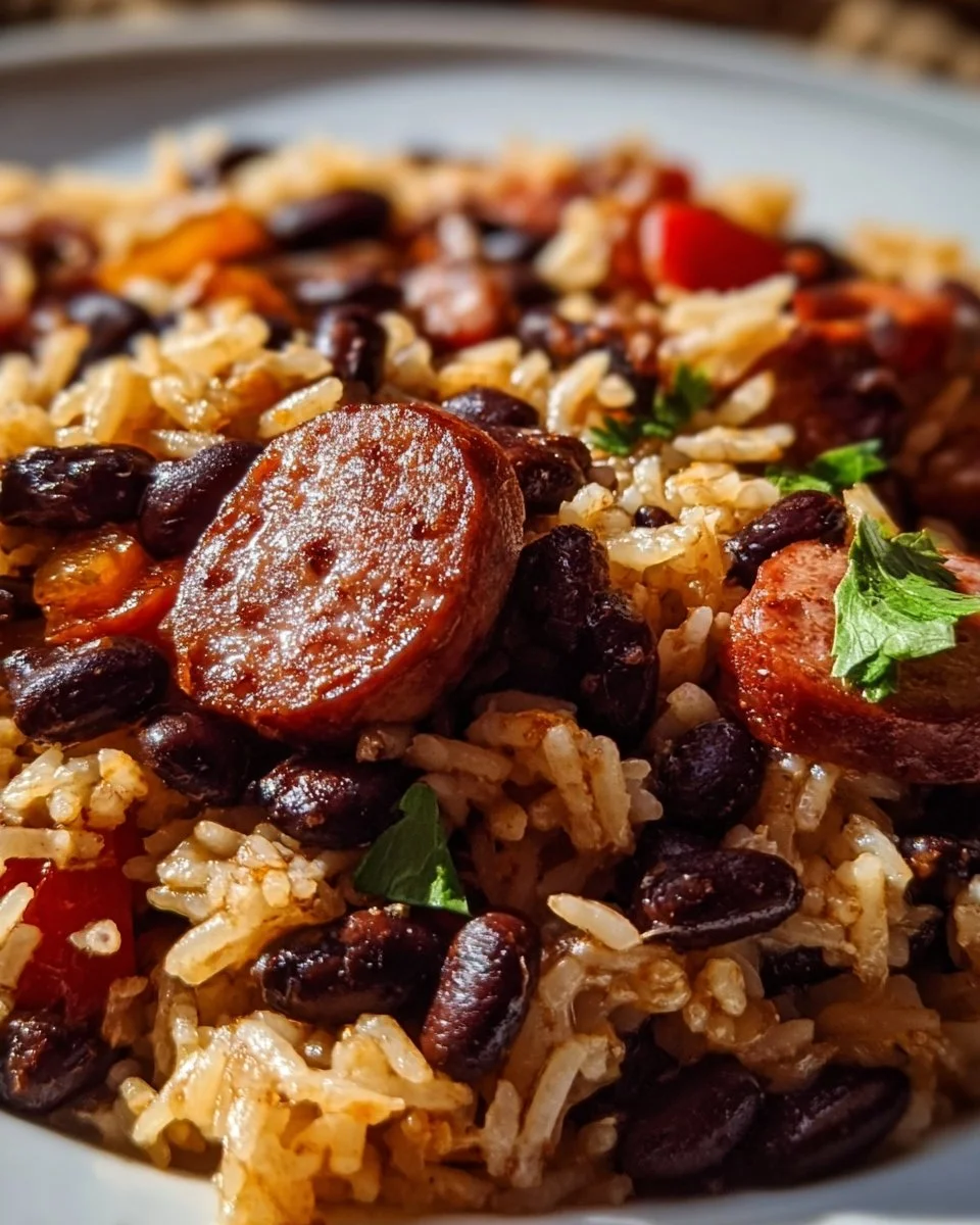Plate of black beans and rice served with sausage, garnished with herbs.