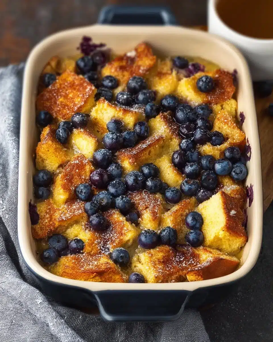 A delicious Blueberry French Toast Casserole served on a plate with syrup.