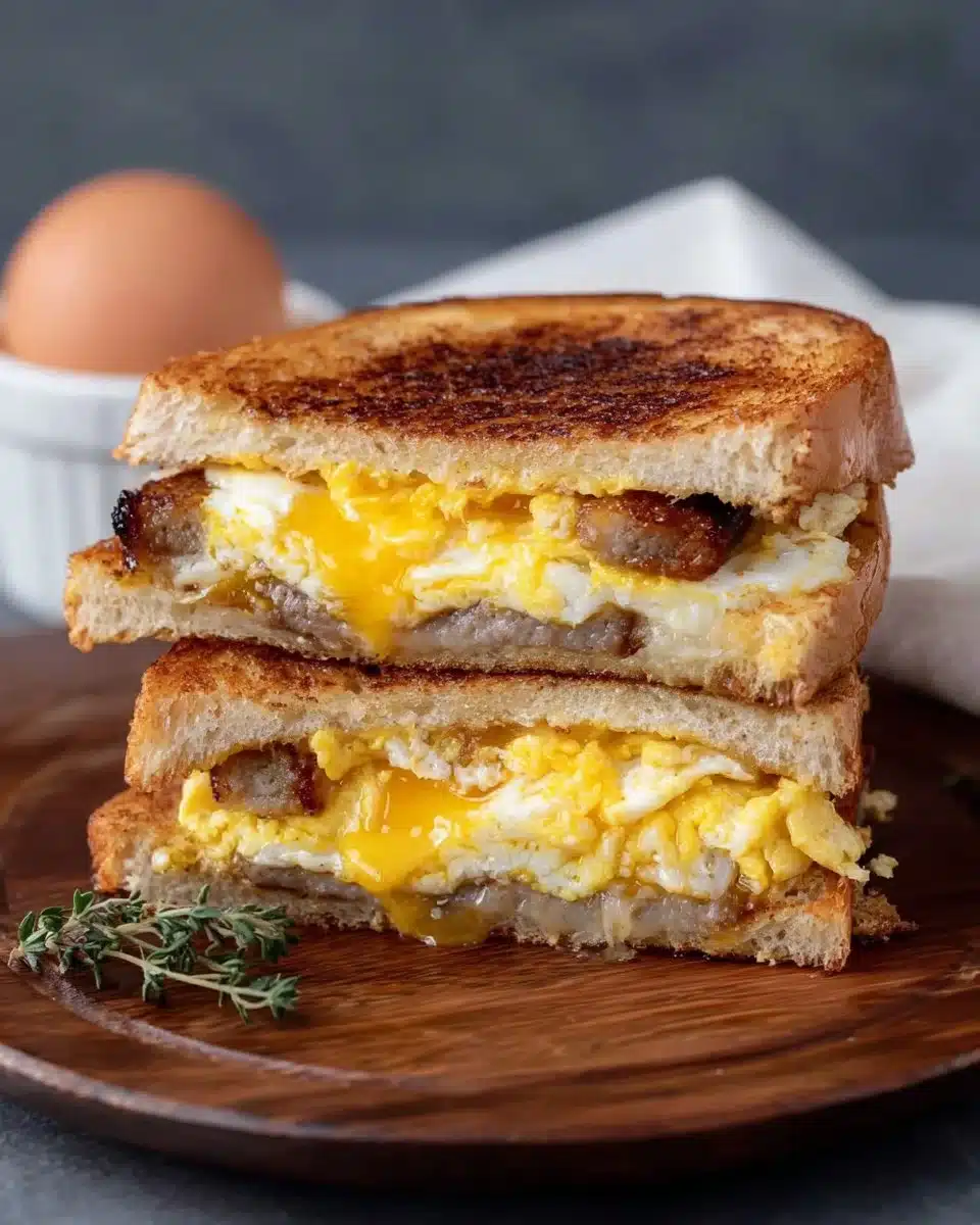 Delicious Breakfast Grilled Cheese Sandwich with melted cheese and crispy bread