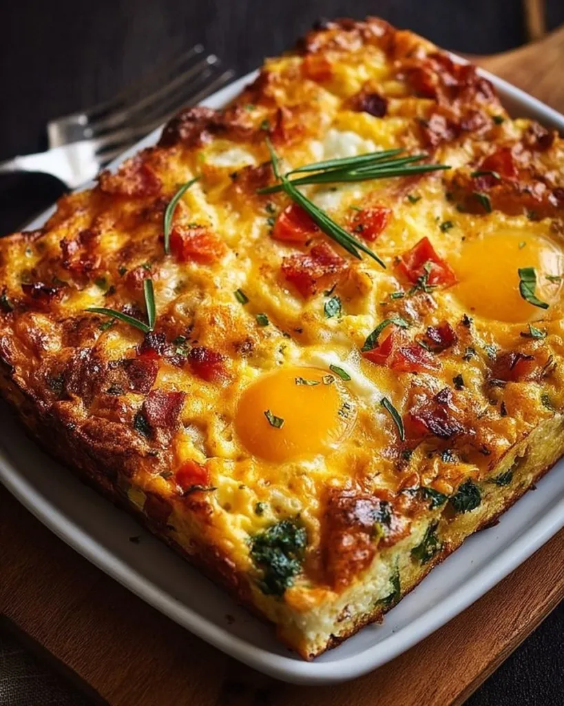 Delicious breakfast casserole served with fresh herbs and vegetables