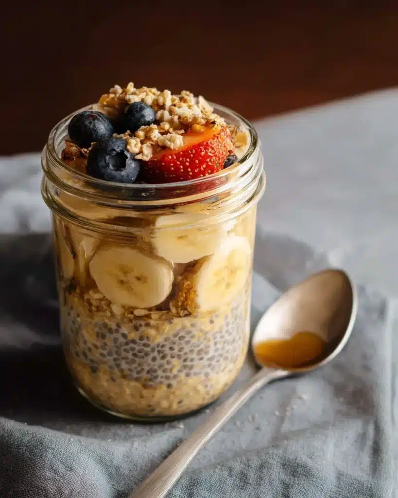 Bowl of brown sugar overnight oats topped with fruits and nuts