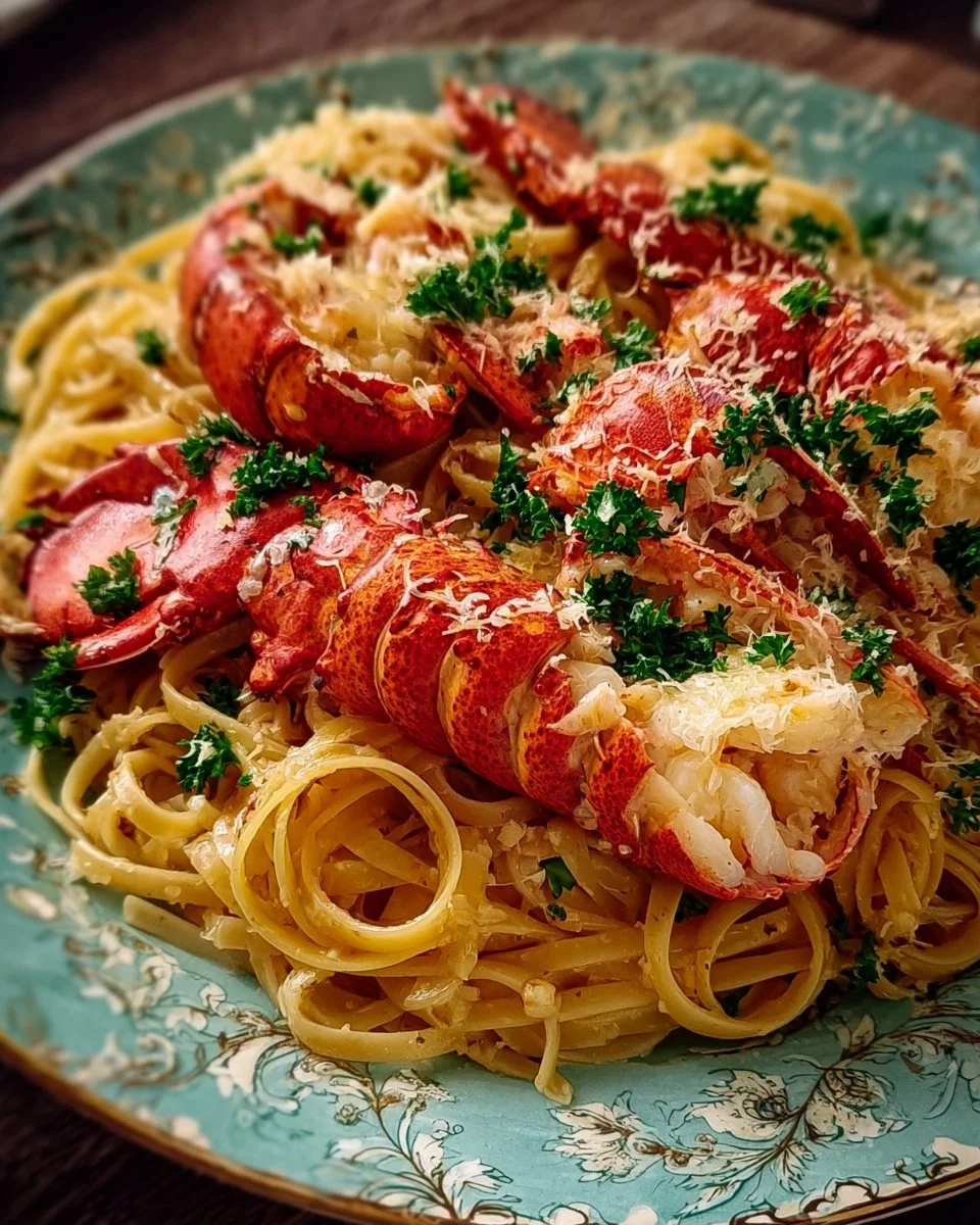 Delicious buttered lobster pasta dish garnished with herbs.