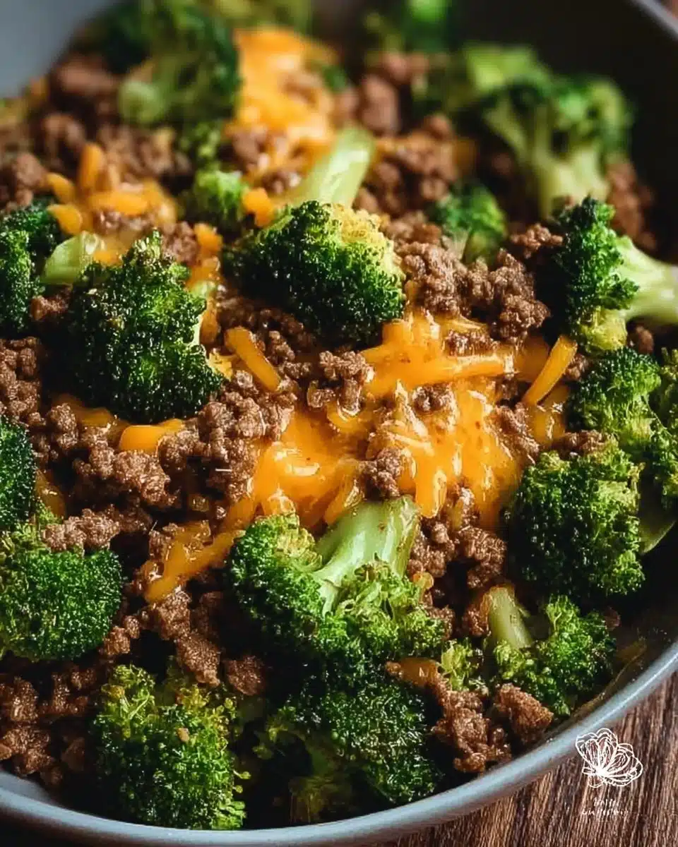 Cheesy Ground Beef and Broccoli topped with melted cheese in a casserole dish.