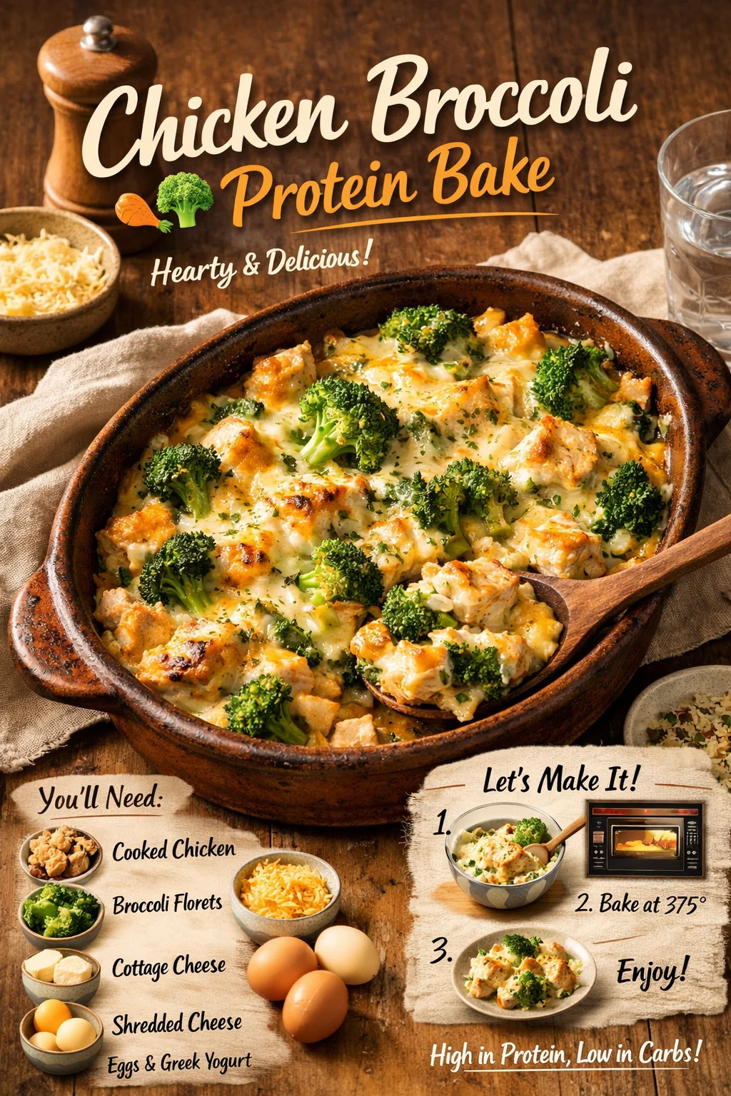 Delicious Chicken Broccoli Protein Bake dish served in a white bowl.