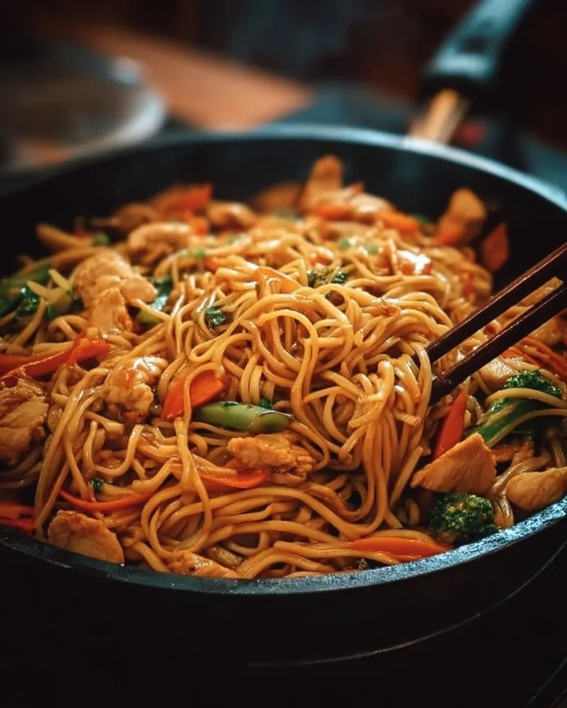 Delicious Chicken Lo Mein served with vegetables and noodles in a bowl