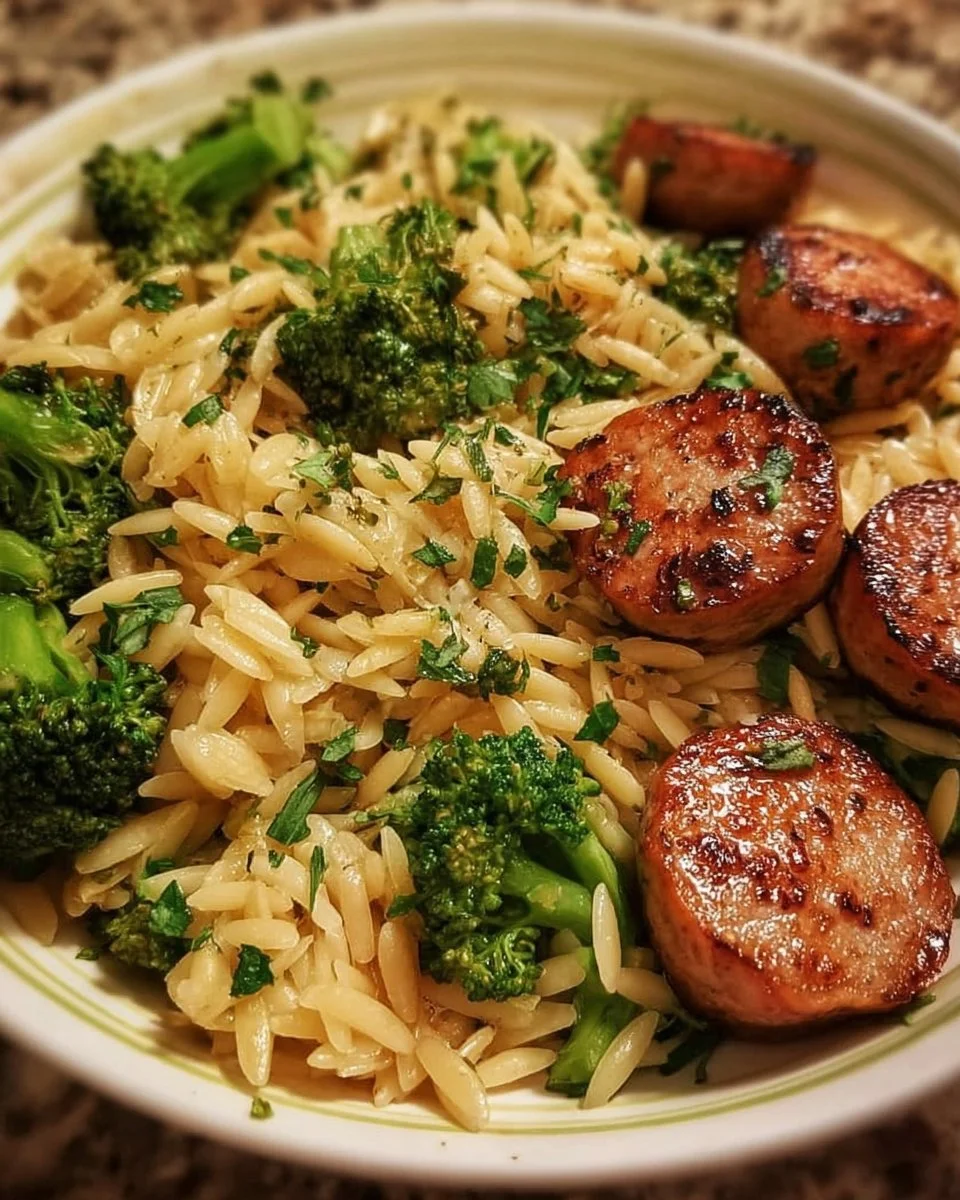 A colorful bowl of Chicken Sausage and Broccoli Orzo topped with herbs.