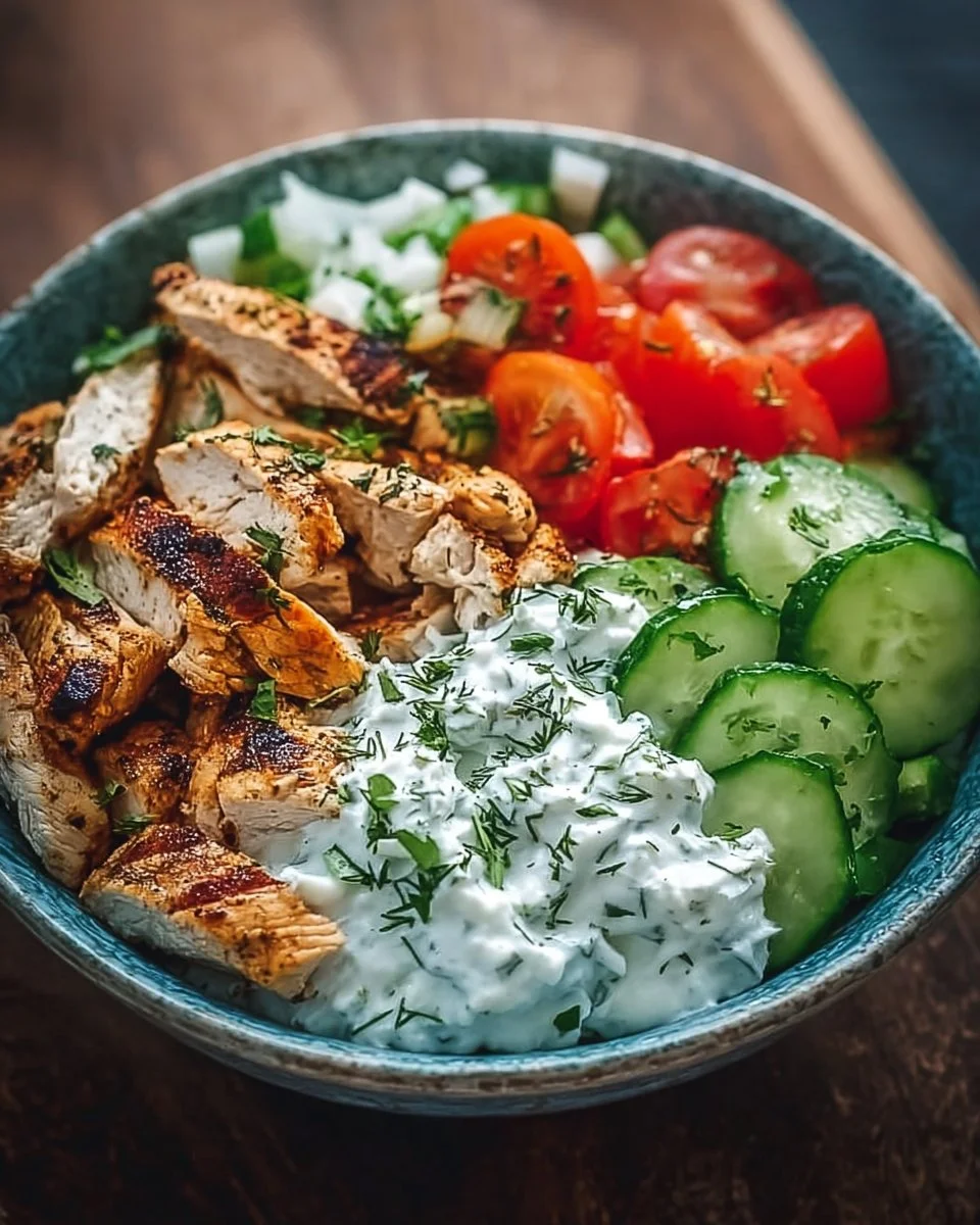 Delicious Chicken Tzatziki Bowl with grilled chicken, fresh veggies, and tzatziki sauce