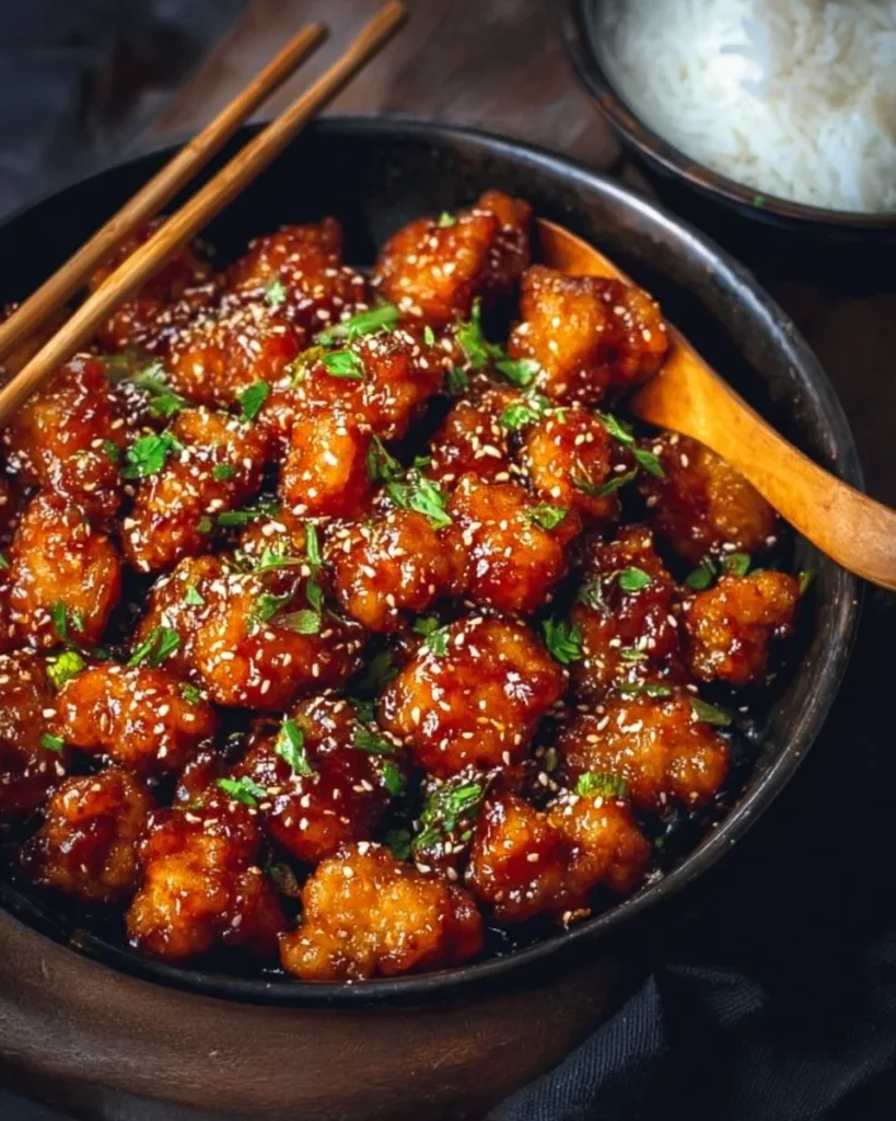 Plate of Chinese Honey Garlic Chicken garnished with green onions