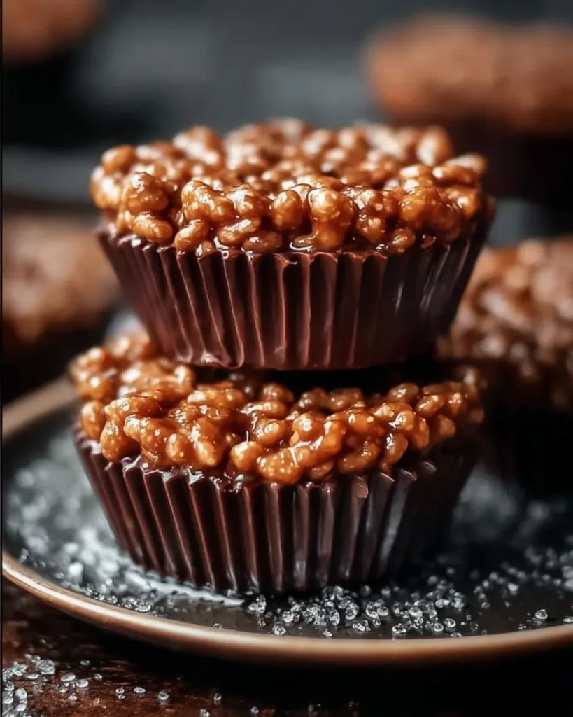 Delicious Chocolate Peanut Butter Rice Krispie Cups on a table