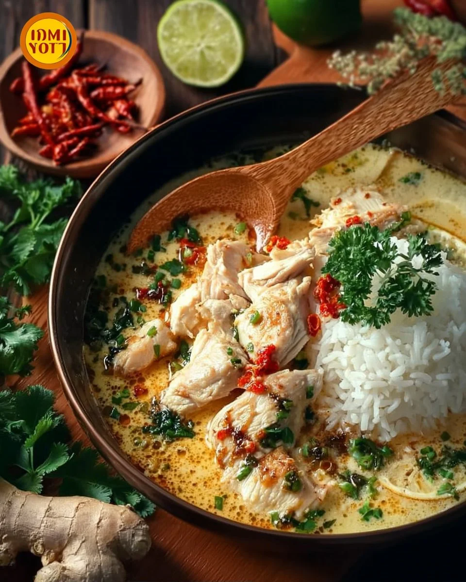 Coconut Chicken Brothy Rice in a bowl with vibrant garnishes