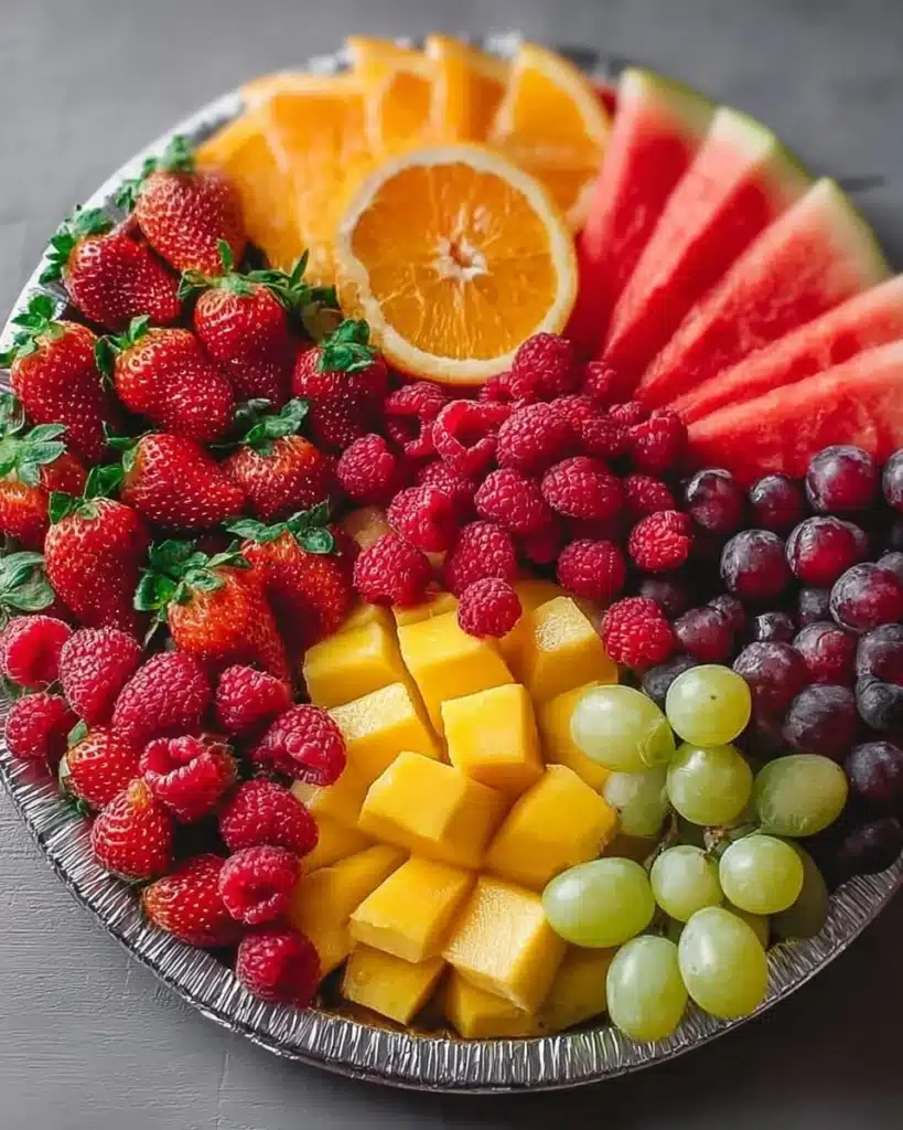 Vibrantly arranged colorful fresh fruit platter with assorted fruits