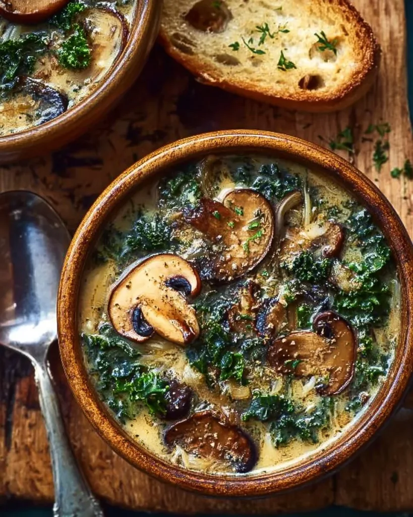 Bowl of comforting wild mushroom soup with caramelized onions and kale