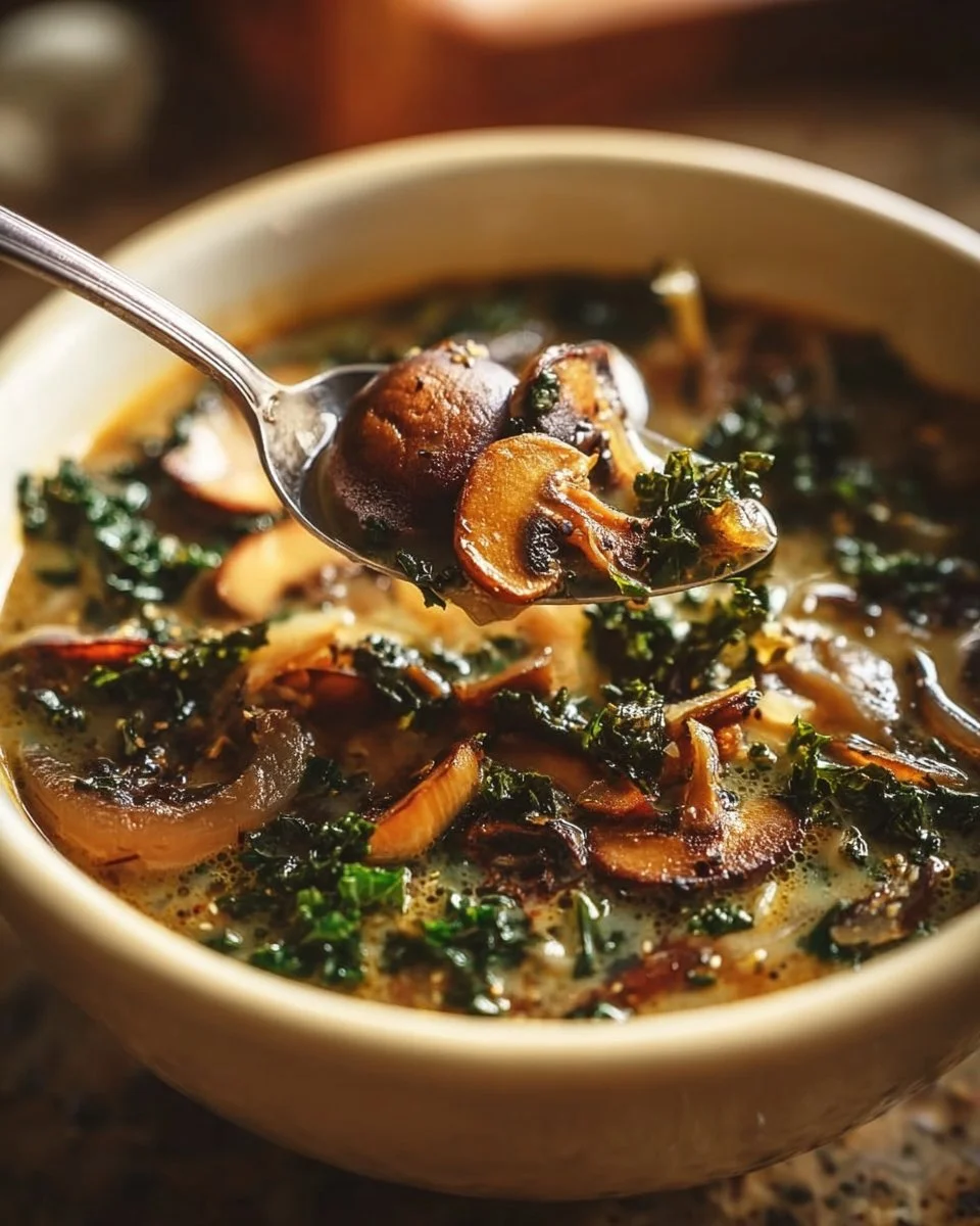Comforting Wild Mushroom, Caramelized Onion and Kale Soup - homefoodkitchen