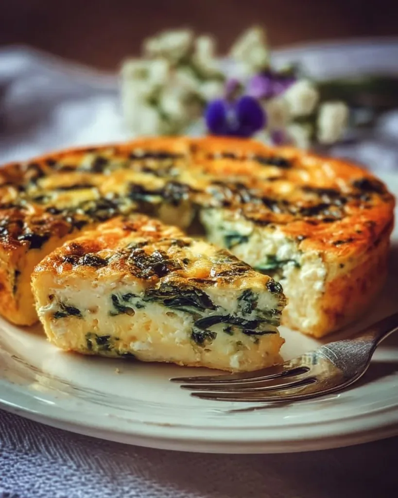 Cottage Cheese and Spinach Crustless Quiche served on a plate