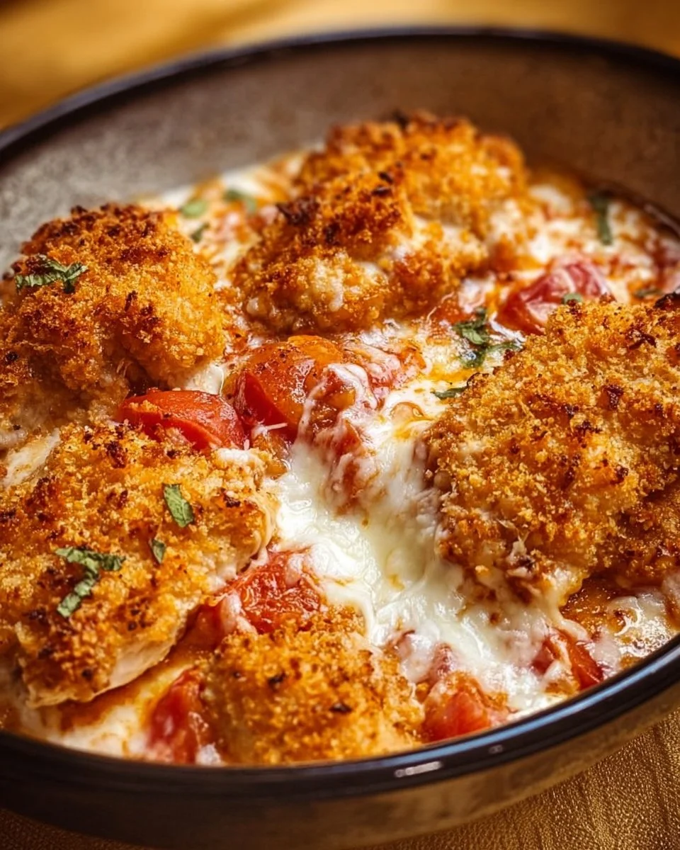 Cottage Cheese Chicken Parmesan Bowl garnished with herbs and cheese