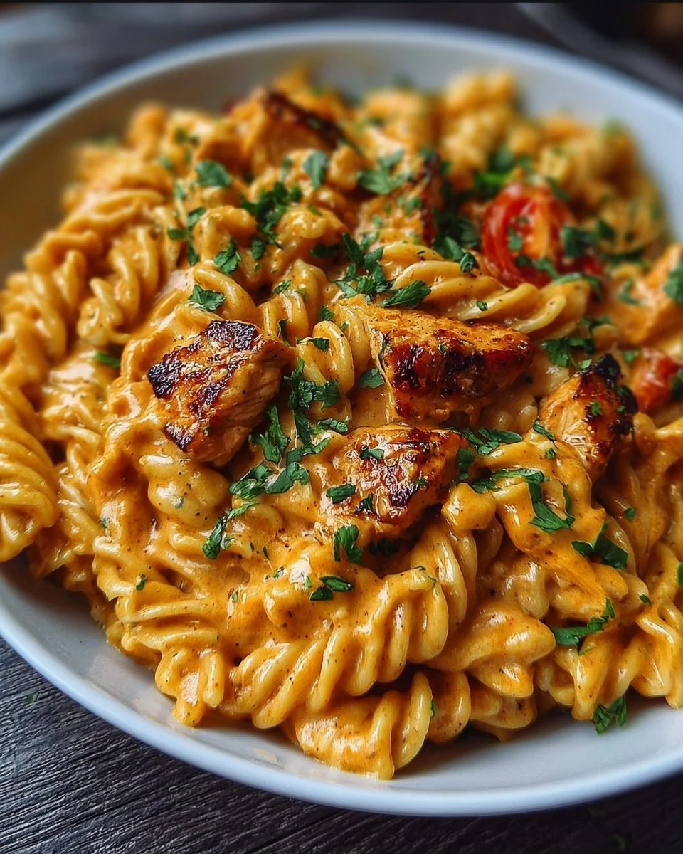 Delicious Cowboy Butter Chicken Pasta served in a bowl, showcasing creamy sauce and pasta.