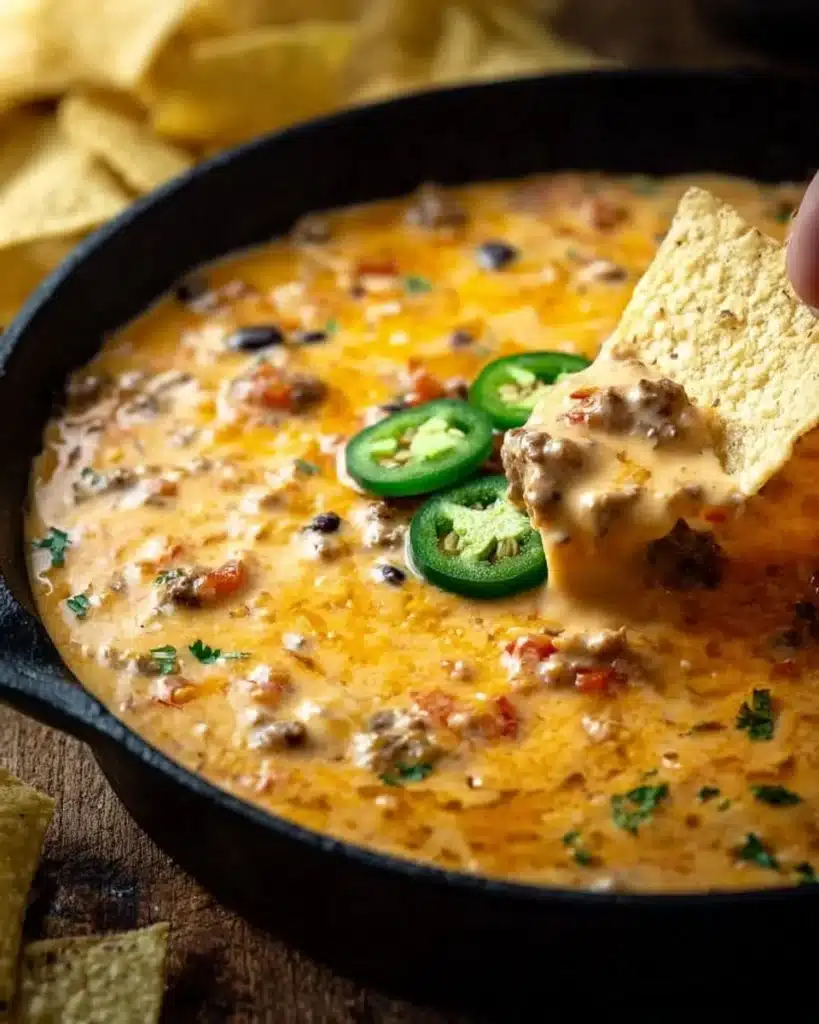 A bowl of creamy Cowboy Queso dip with tortilla chips on the side.